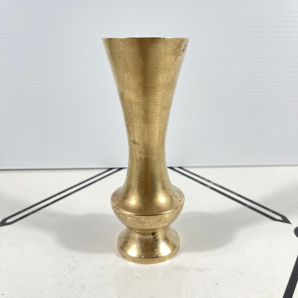 Vintage Solid Brass‎ Bud Vase Flared Rim Pedestal Base Gold Tone 5.5 Inch